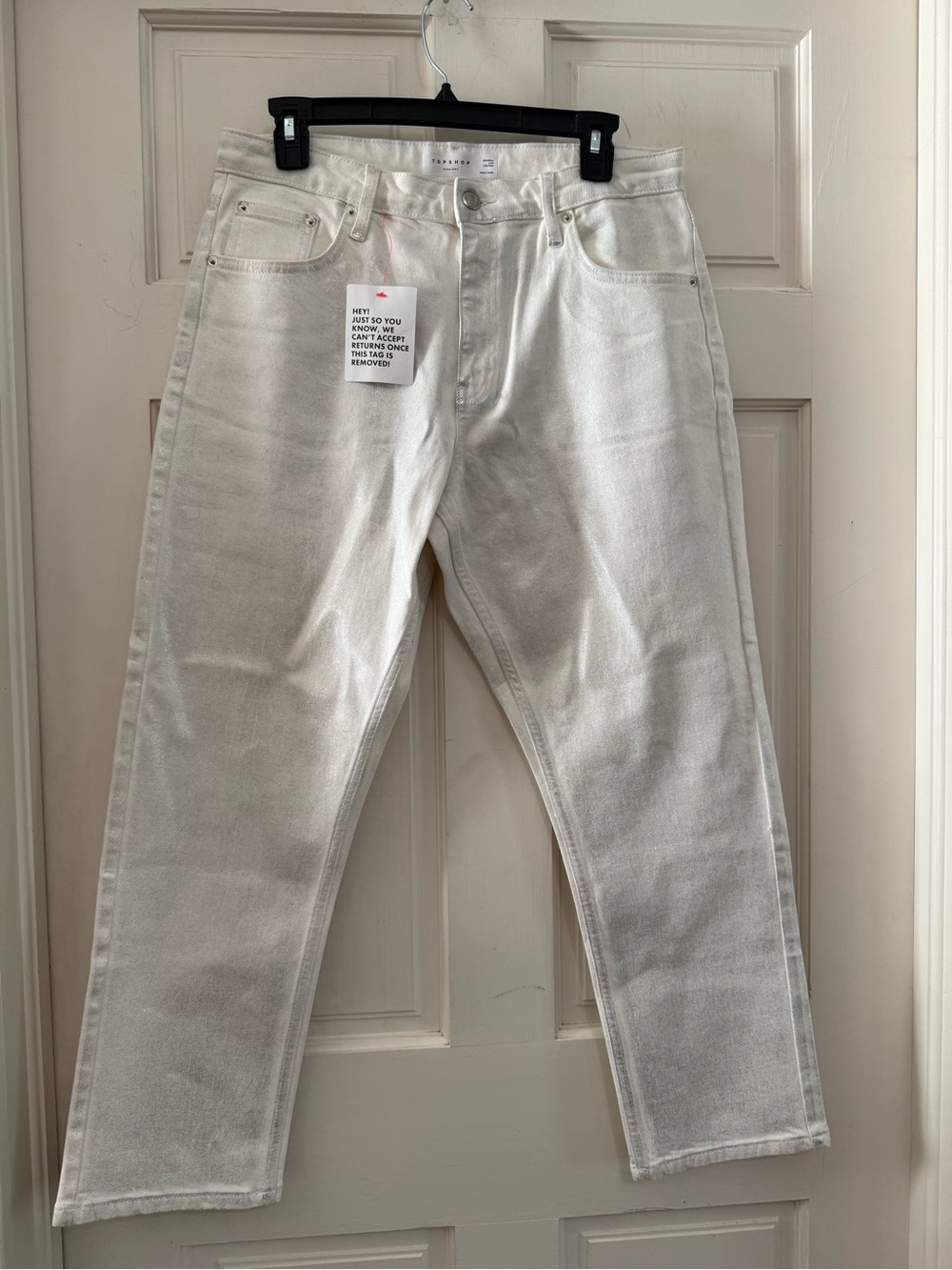 Women's White Silver Coated Straight-Leg Jeans - by Topshop